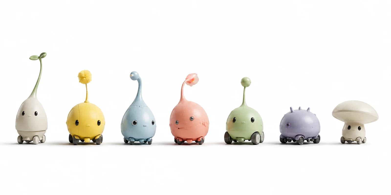 KODAMON — a lineup of small sprout-shaped AI robot characters on wheels, each with its own personality